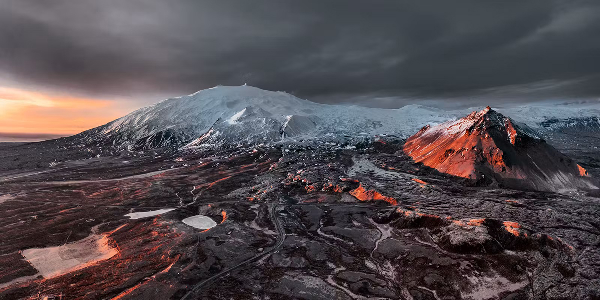 Snæfellsjökull glacier overlooking lava fields on the Snæfellsnes Peninsula